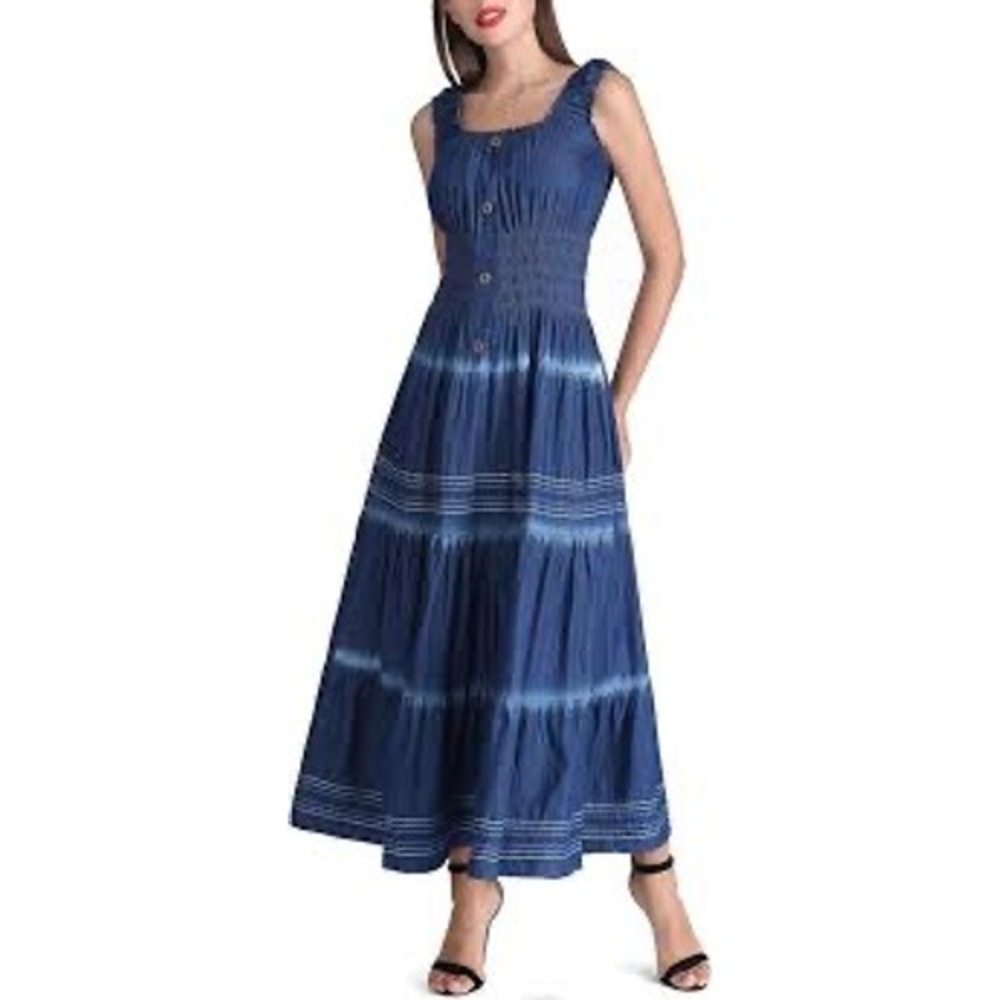 Indigo & Lace Denim Maxi Dress Womens Large Blue Excellent Smocked Tiered Boho